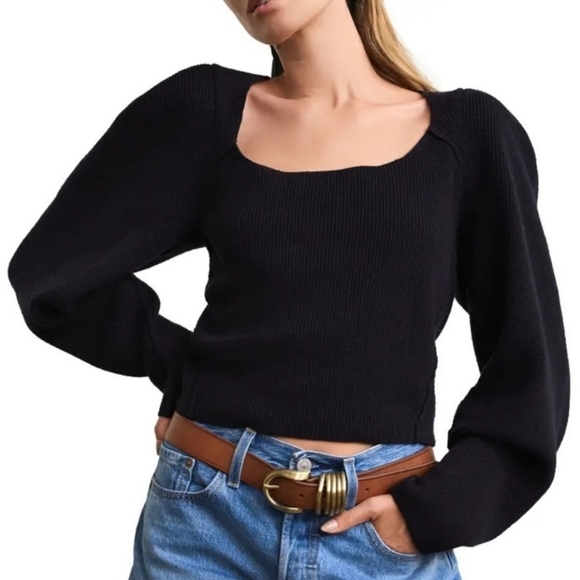 Free People Saffron Open Back Sweater Womens XL Black Square Neck Ribbed Kit - Picture 1 of 9